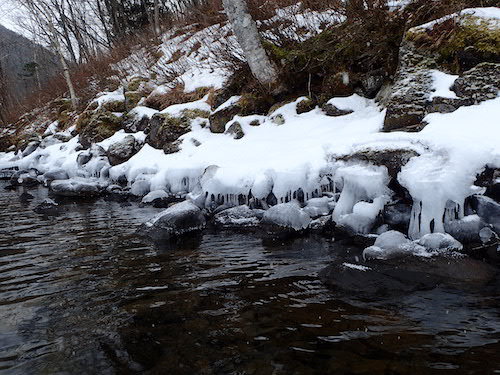 氷の美術館のようになった然別湖の岸辺の風景の写真